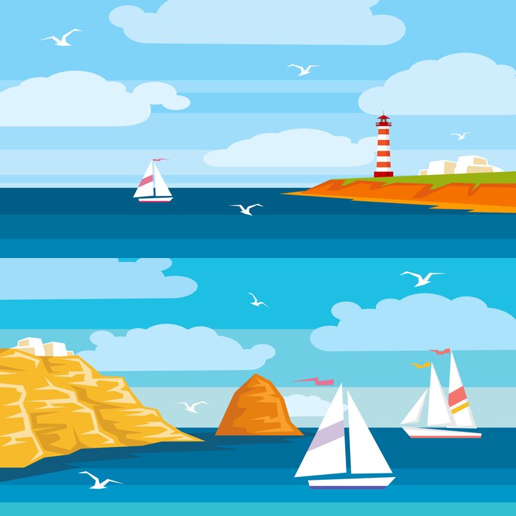 Ilustración plana sobre el tema marino. Barcos que navegan en el mar, un faro se encuentra en un acantilado. Ilustración plana brillante para tarjetas, carteles de viajes, publicidad de viajes