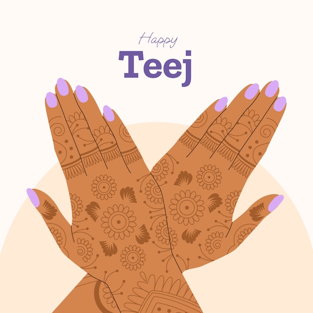 Ilustración plana de teej con las manos cubiertas de henna