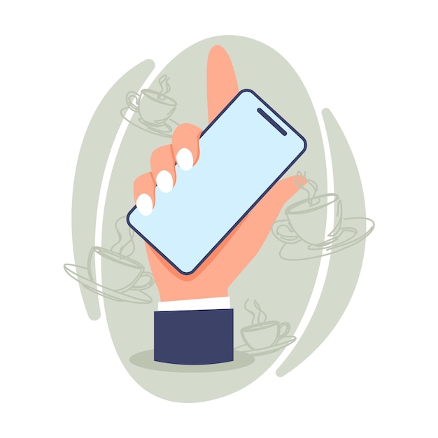 Ilustración plana con el teléfono móvil en la mano