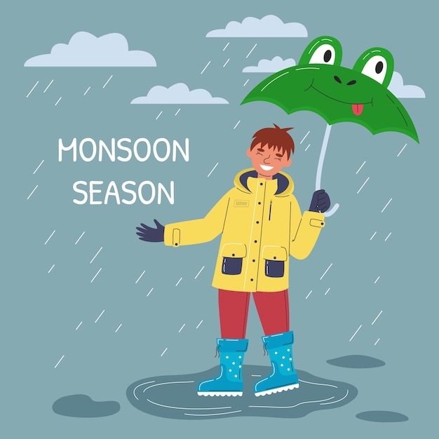 Ilustración plana de la temporada del monzón con un hombre que sostiene un paraguas de rana