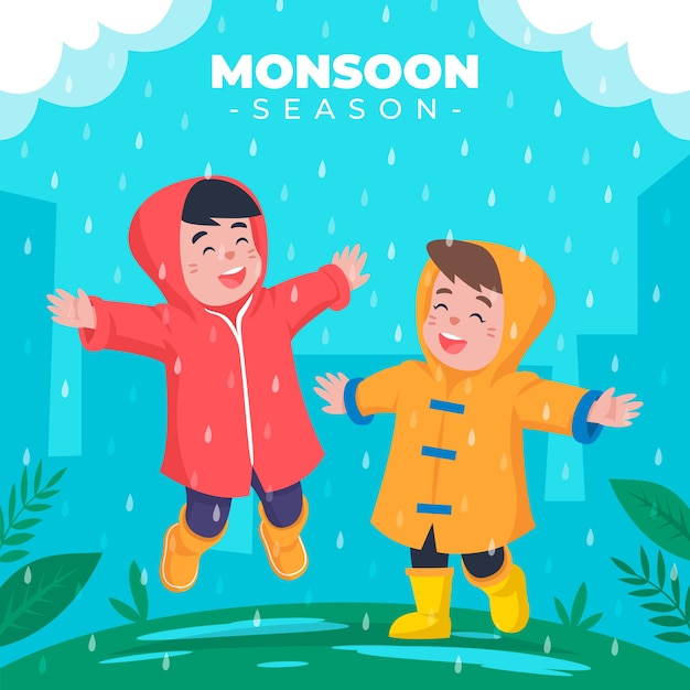 Vector ilustración plana de la temporada del monzón con niños disfrutando de la lluvia