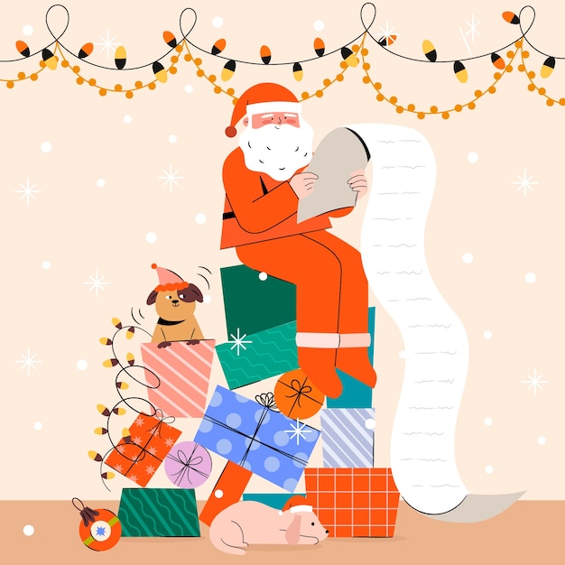 Ilustración plana de la temporada navideña con lista de lectura de santa