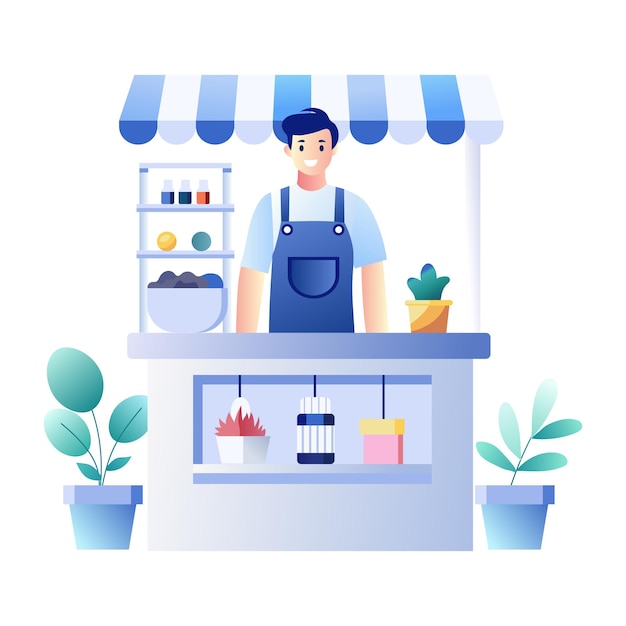 Una ilustración plana de un tendero de pie en un puesto de comida