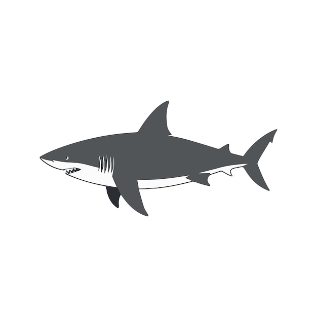 Ilustración plana de un tiburón con cuerpo largo aerodinámico aletas afiladas forma curva diseño minimalista fondo limpio