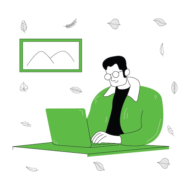 ilustración plana de un trabajador de creación de contenido en busca de ideas de contenido escribiendo un guión