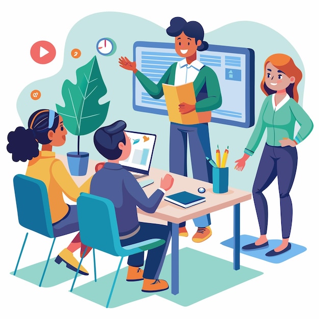 Ilustración plana de tres mujeres de negocios sentadas frente a la gran pantalla de información