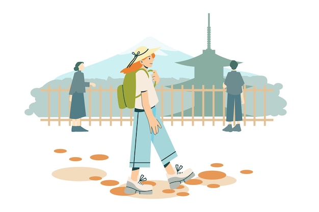 Vector ilustración plana de un turista en japón. la niña en el fondo del monte fuji