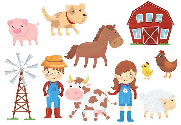 Ilustración plana de varios animales domésticos ganado, pájaros, niños en overol de trabajo azul, bomba de viento, granero de madera. Tema de la granja. Conjunto de iconos de dibujos animados