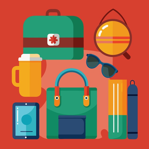 Una ilustración plana de varios artículos, incluido un botiquín de primeros auxilios, un bolso, gafas de sol, una taza, una tableta, una botella de agua y un espejo