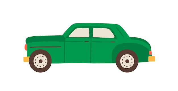 Ilustración plana de vector de coche cubano vintage verde. Vista lateral del automóvil retro aislado sobre fondo blanco. Transporte de vehículos coloridos dibujados a mano. Símbolo de movimiento, viaje y tráfico.