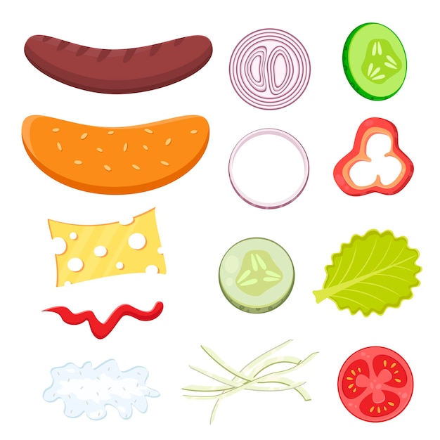 Ilustración plana de vector de ingredientes para una receta de comida rápida de hot dog