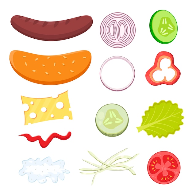 Vector ilustración plana de vector de ingredientes para una receta de comida rápida de hot dog