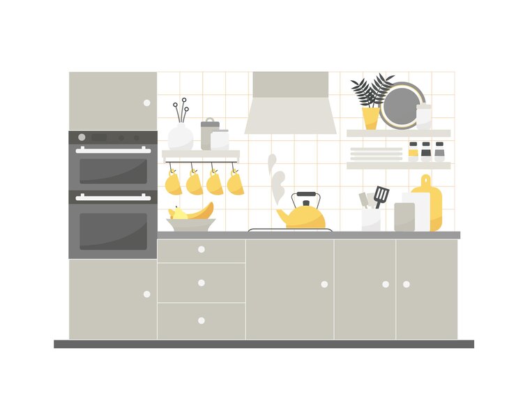Ilustración plana de vector de un interior acogedor de cocina con muebles y electrodomésticos.