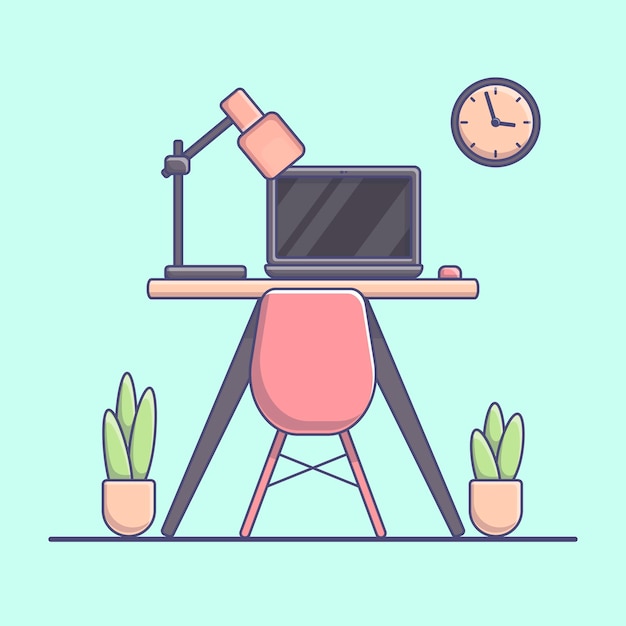 Ilustración plana vector del interior de la casa con mesa de trabajo, computadora, lámpara de escritorio.