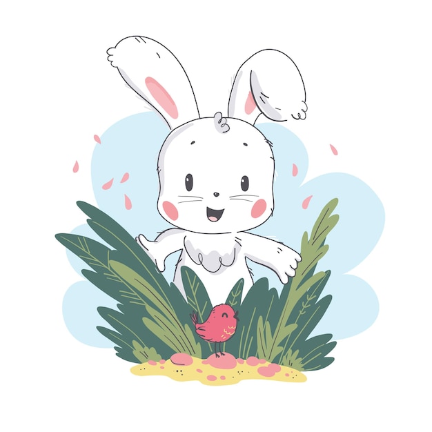 Ilustración plana de vector de personaje de conejito lindo bebé blanco y pajarito jugando en la hierba. Estilo dibujado a mano. Para calendario de bebé, baby shower, tarjeta de cumpleaños, estampado de camiseta, pegatina, guardería, etc.