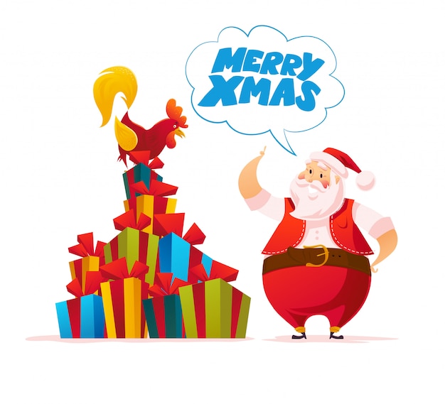 Vector ilustración plana vector de santa claus y un montón de regalos de navidad.