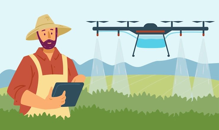 Vector ilustración plana vectorial de agricultura inteligente utilizando tecnologías digitales y drones para automatizar el riego...