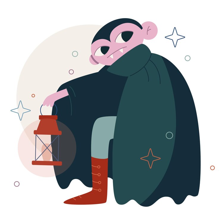 Vector ilustración plana vectorial aislada en blanco halloween vampiro lindo en un impermeable con lámpara de queroseno