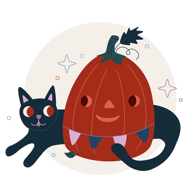 Ilustración plana vectorial aislada en blanco Ilustración de Halloween Lindo gato negro y gato de calabaza