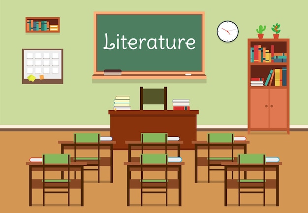 Ilustración plana vectorial del aula de literatura