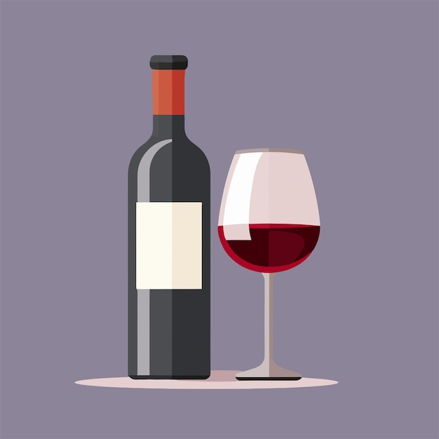 Ilustración plana vectorial de botella de vino rojo y vasos