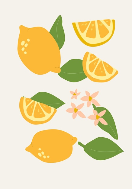 Ilustración plana vectorial de carteles de limones verticales abstractos