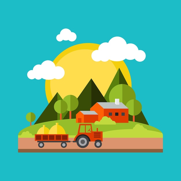 Ilustración plana vectorial de colores Paisajes de pueblo Naturaleza montañas vacaciones sol árboles casa campo