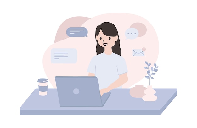 Ilustración plana vectorial de comunicación y delegación de conceptos Personaje que utiliza una computadora portátil