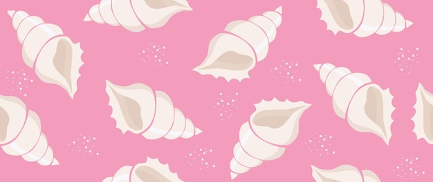 Ilustración plana vectorial de conchas marinas sin costuras sobre un fondo rosa en estilo de dibujos animados