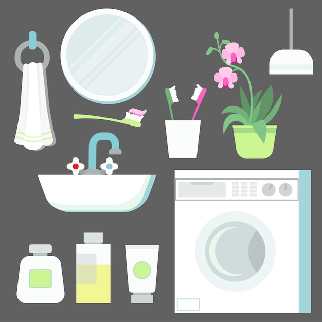 Vector ilustración plana vectorial del conjunto de elementos para el interior del baño lavabo espejo flor cosméticos toalla cesta de la ropa lavadora