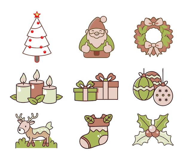 Ilustración plana vectorial del conjunto de elementos navideños