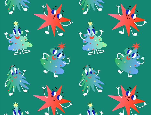 Ilustración plana vectorial dibujada a mano de adornos de árboles de Navidad bailando en un patrón sin costuras