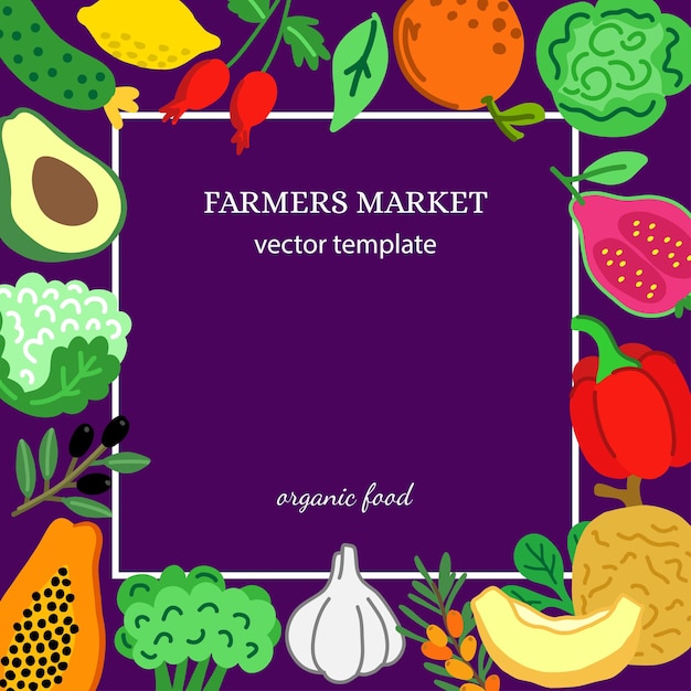 Ilustración plana vectorial para el festival de la cosecha. plantilla de promoción con un lugar para texto con verduras y frutas en el mercado de agricultores