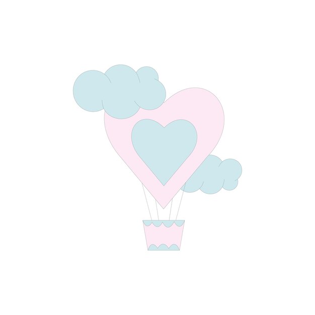 Ilustración plana vectorial de un globo aerostático de corazón pastel con nubes aisladas en un fondo blanco