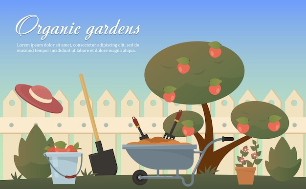 Ilustración plana vectorial de instrumentos de herramientas de accesorios agrícolas de jardín