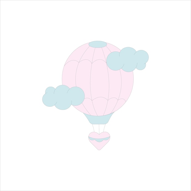 Ilustración plana vectorial de un lindo globo de aire pastel con nubes aisladas en un fondo blanco
