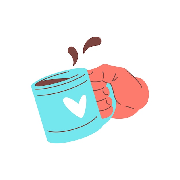 Ilustración plana vectorial de la mano humana sosteniendo una taza de café azul con icono de corazón