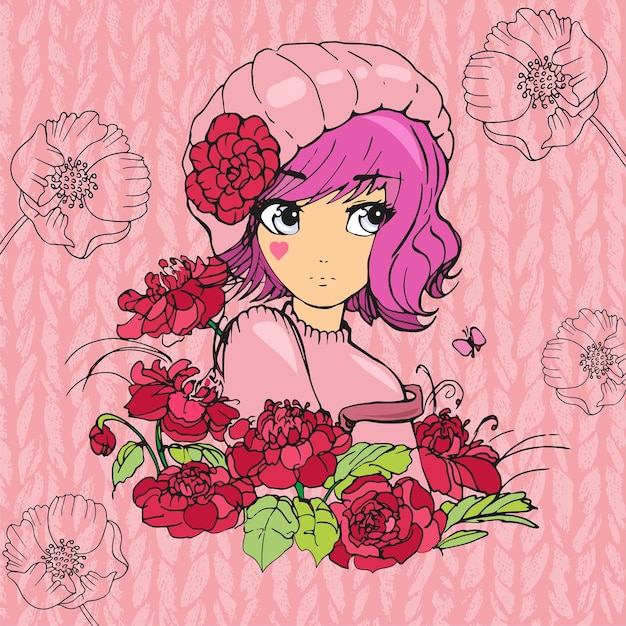 ilustración plana vectorial de una niña de dibujos animados con flores