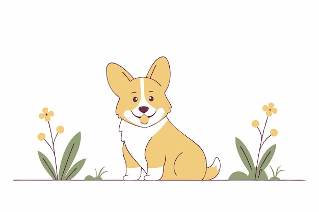 Ilustración plana vectorial de un perro corgi sonriente y lindo