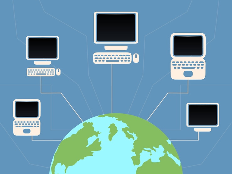 Vector ilustración plana vectorial del planeta tierra y las computadoras conectadas