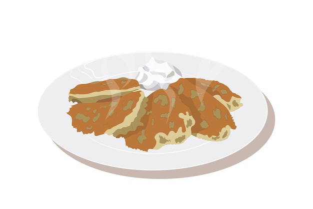 Ilustración plana vectorial de tortitas de patata en el plato con crema agria para el menú de recetas de cocina