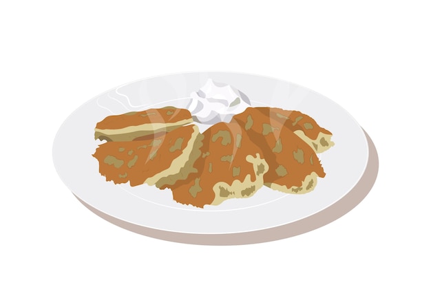 Vector ilustración plana vectorial de tortitas de patata en el plato con crema agria para el menú de recetas de cocina