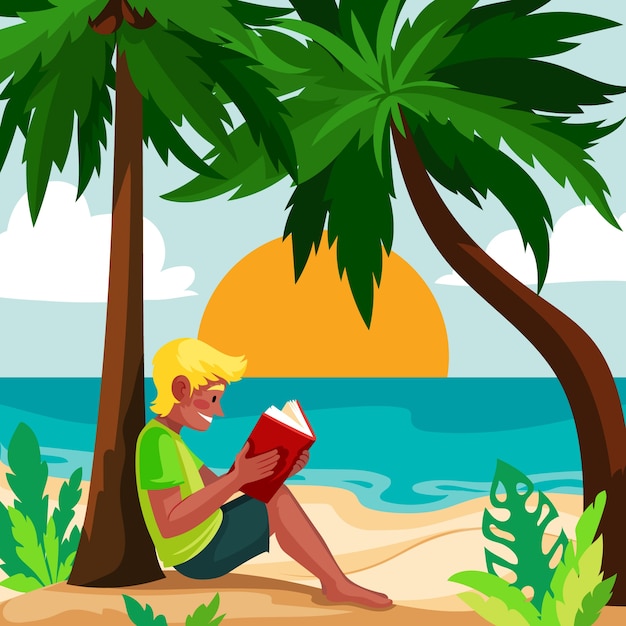 Vector ilustración plana de verano con un hombre leyendo un libro en la playa