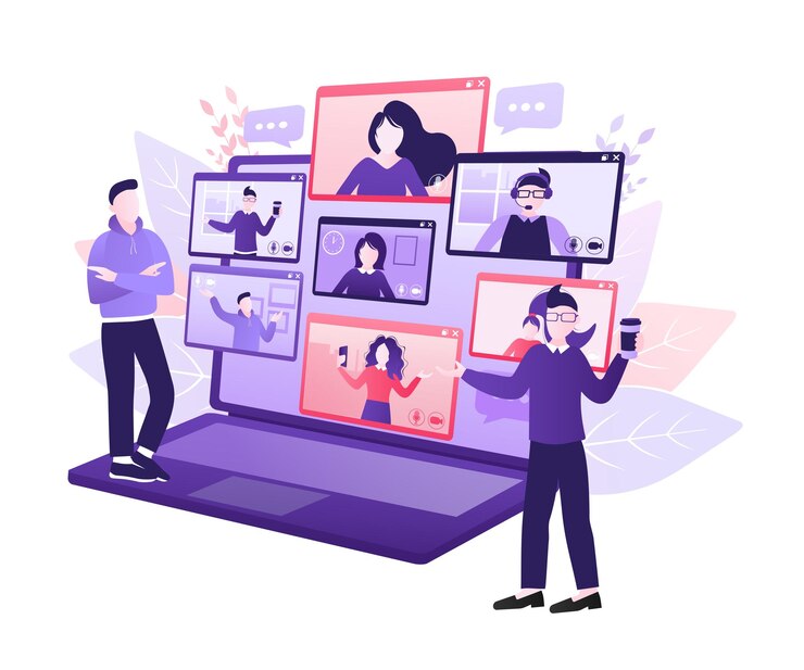 Vector ilustración plana videoconferencia videollamada entre amigos chateando en línea por aplicación móvil estancia