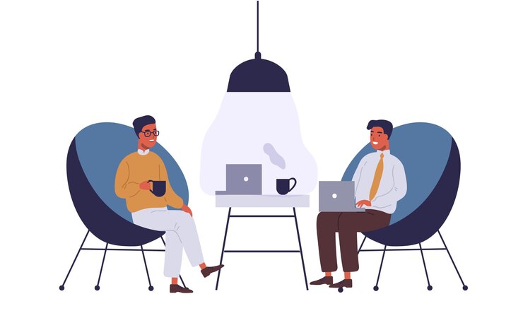 Vector ilustración plana de la zona de salón de negocios. compañeros de trabajo almorzando en el área de relajación de la oficina