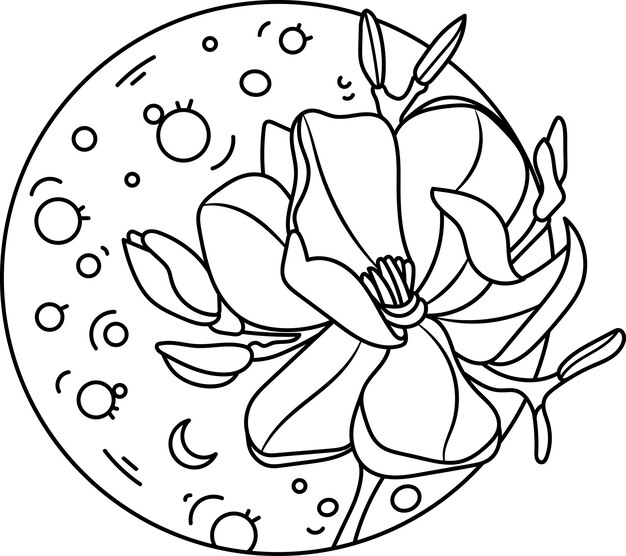 Ilustración de planeta lunar vectorial dibujado a mano con flores de Magnolia. Astrología SVG Esquema Composición