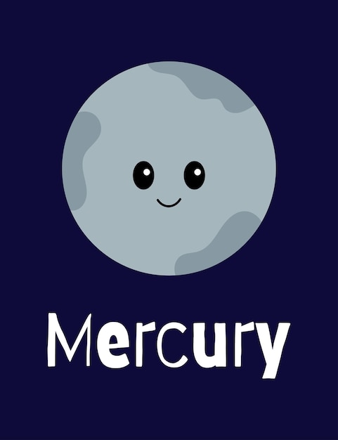 Ilustración del planeta Mercurio con rostro sonriente, espacio y diseño astronómico