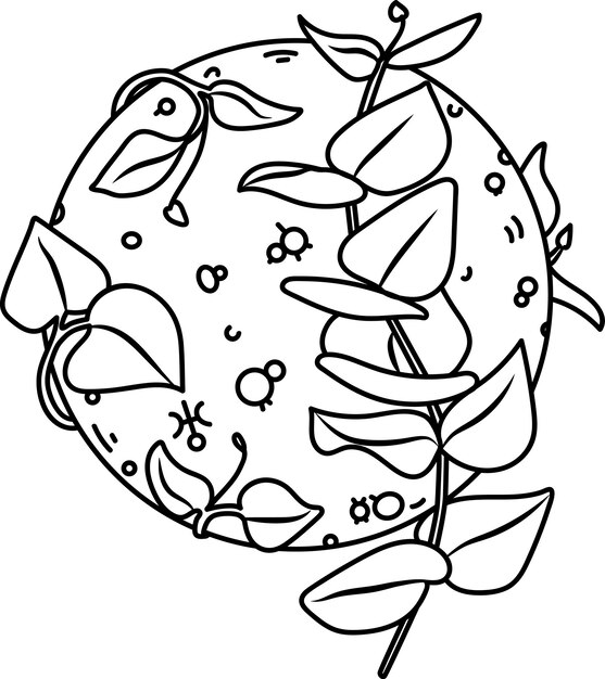 Ilustración del planeta Urano vectorial dibujado a mano con rama de eucalipto. Impresión de esquema SVG de astrología