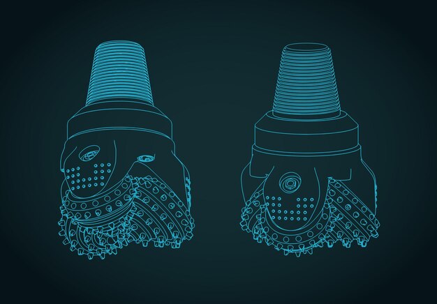 Ilustración de los planos isométricos de la perforación petrolera de tres conos