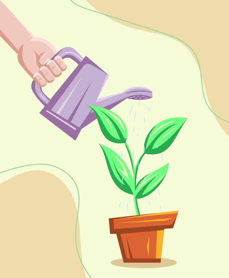 Ilustración de una planta de maceta regada a mano sobre un fondo de tonos suaves